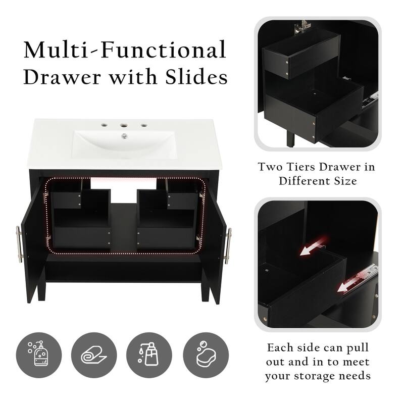 36" Bathroom Black Vanity with Sink with Doors and Drawers, MDF Frame & Board