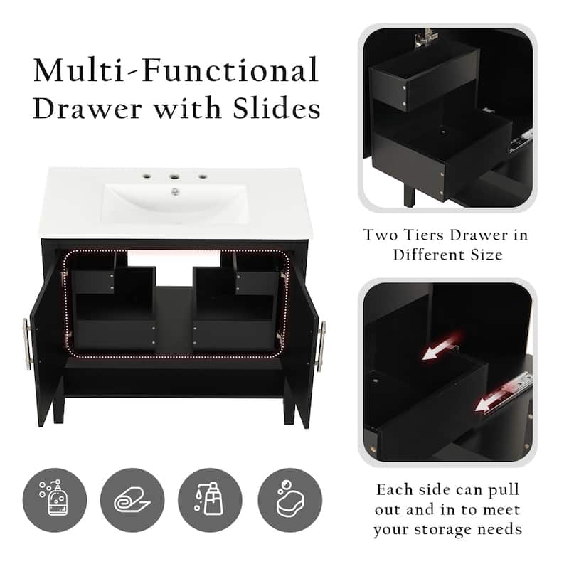 36" Black MDF Bathroom Vanity with Sink and Drawers