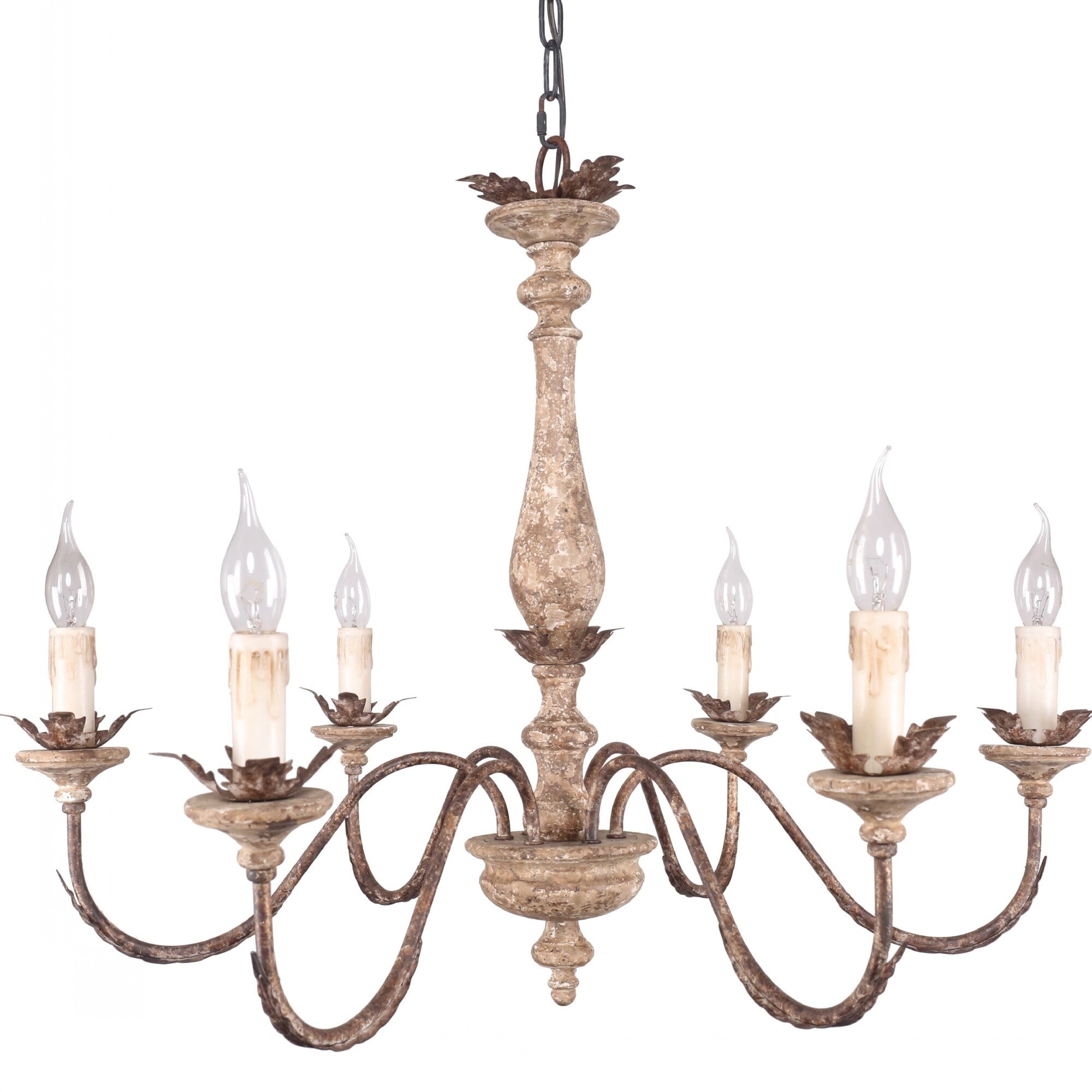Farmhouse Candle Shaped Chandelier, 6-Light Distressed White