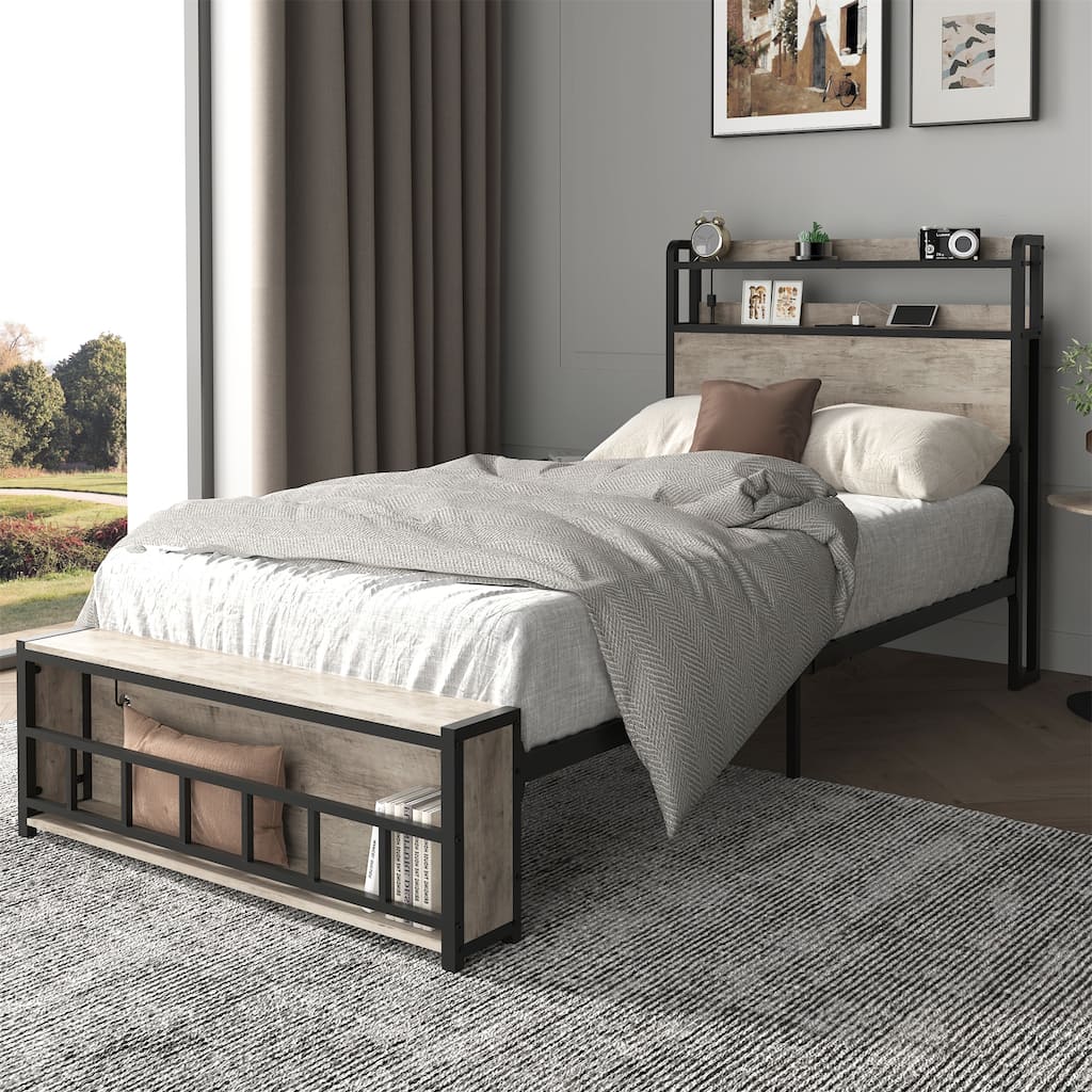 Twin Size LED Platform Bed with Headboard and Charging Station