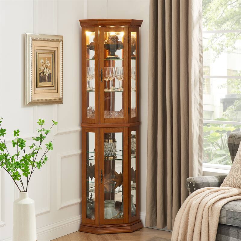 Corner Curio Cabinet with Lights, Adjustable Tempered Glass Shelves