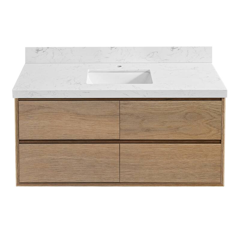 24"30"36"48"60"72"84" Floating Bathroom Vanity Engineered Stone Top with Rectangular Ceramic Undermount Sink - 48“ - Natural Oak