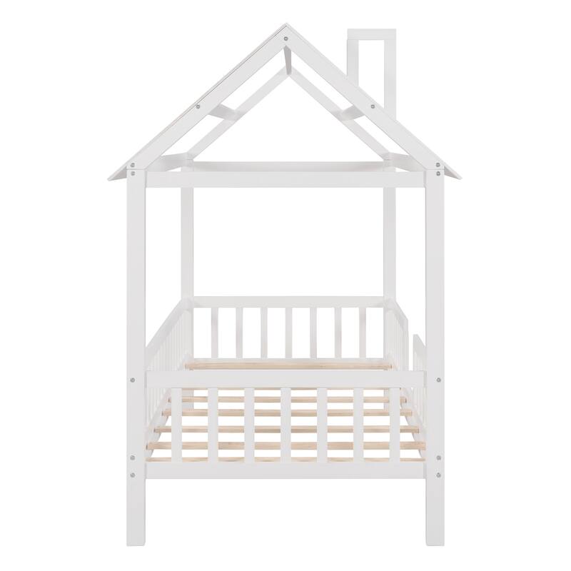 Twin Size Wooden House Bed with Fence, White - Semi-Enclosed Play Space for Kids