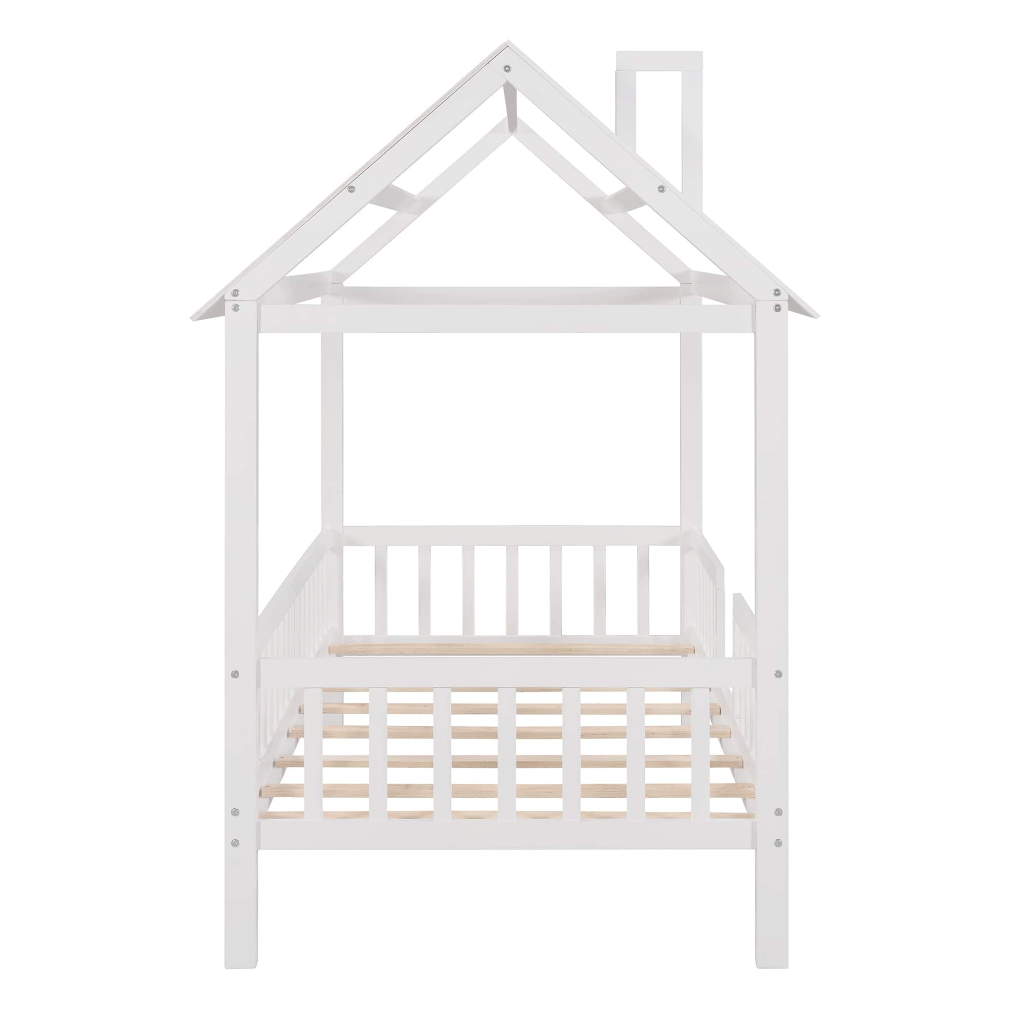 White Twin Size Wood House Bed with Fence - Playhouse Design, Quality ...