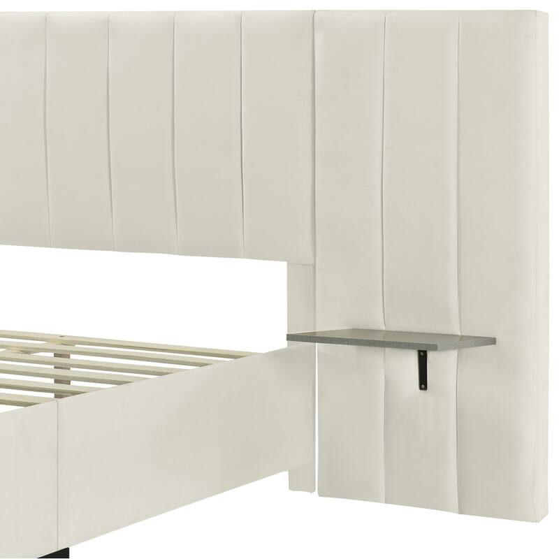 HomeRoots Light Gray Tufted Velvet Upholstered Lighted Full Bed Frame