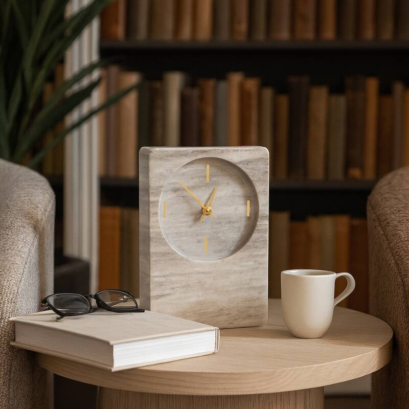 Modern Stone and Marble Clock with Contemporary Design - Beige - Tan - 9.0"