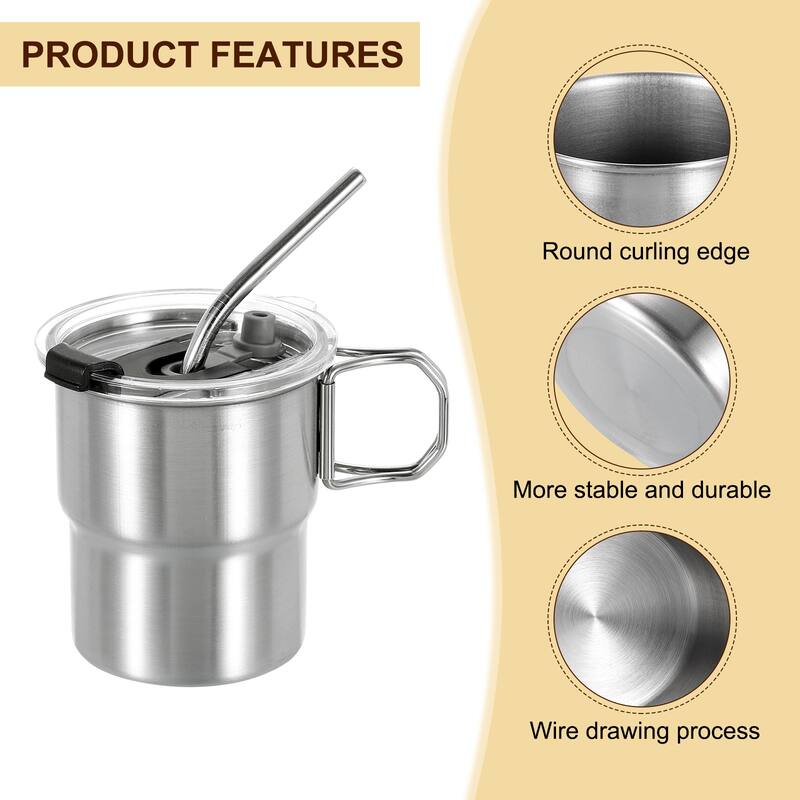 304 Stainless Steel Cup with Handle & Straw & Lid, 10oz Double Wall Water Cup - Silver