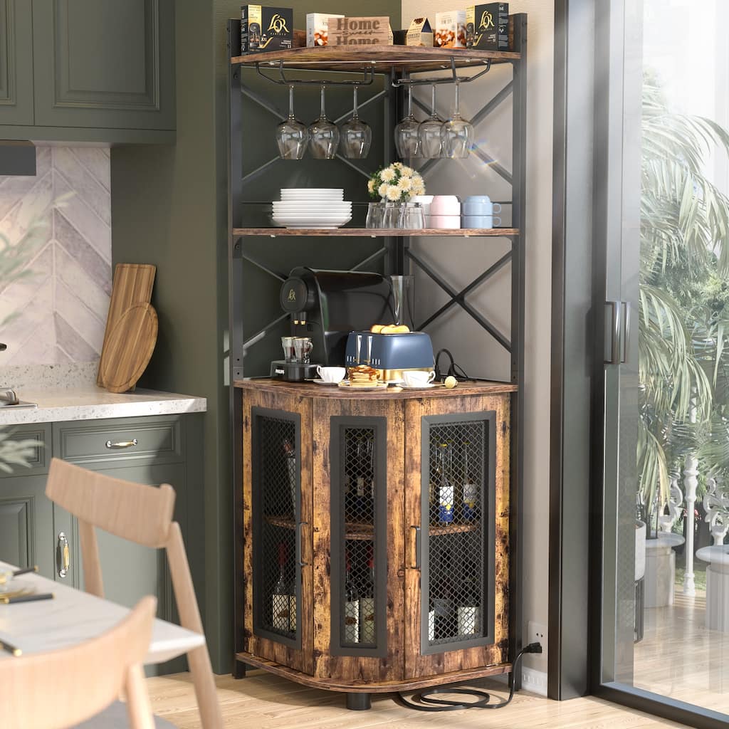 Farmhouse Wood Corner Buffet Bar Cabinet with Top Hutch
