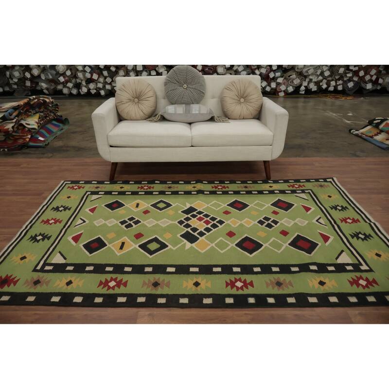 Hand Woven Oriental 100% Wool Carpet Southwestern Modern Green Kilim Area Rug - 8' 1'' X 5' 0''
