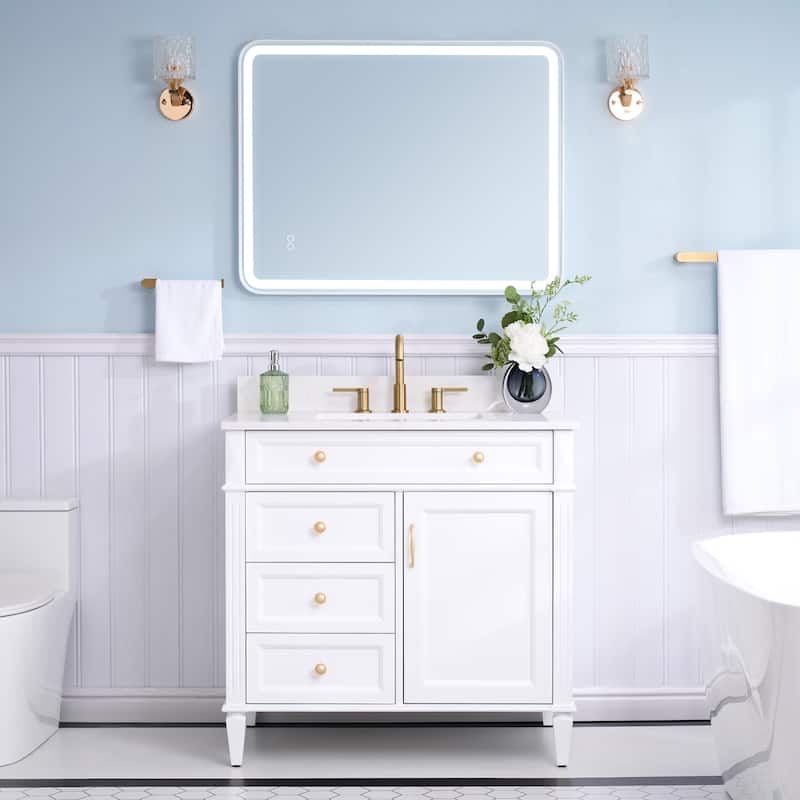 35''H Solid Wood Bath Vanity With Carrera White Quartz Top and Sink - 36''W - White