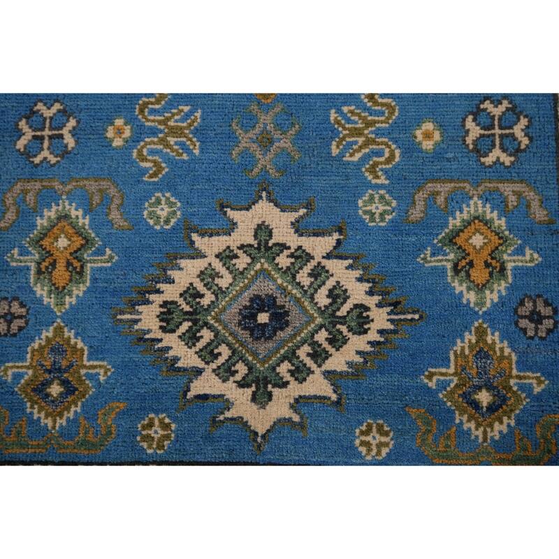 Blue Geometric Kazak Rug Handmade Oriental Wool Carpet - 3'4" x 5'0"