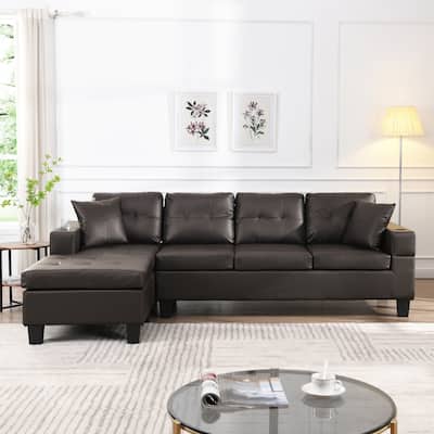 96.06'' PU Upholstery Modern 4-Seater Sectional Sofa Set with L-Shaped Chaise Lounge, Cup Holders, and Reversible Features