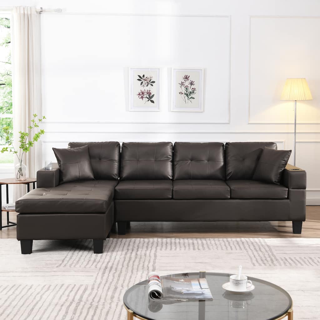 Modern Reversible Sectional Sofa Set with PU Leather Cup Holders and Chaise for Living Room and Guest Room