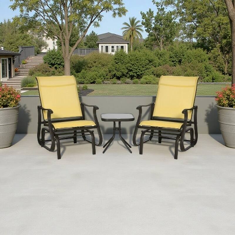 3-Piece Patio Glider Chair Set with Tempered Glass Side Table, Steel Frame Outdoor Rocking Chairs with Mesh Fabric for Porch - Beige