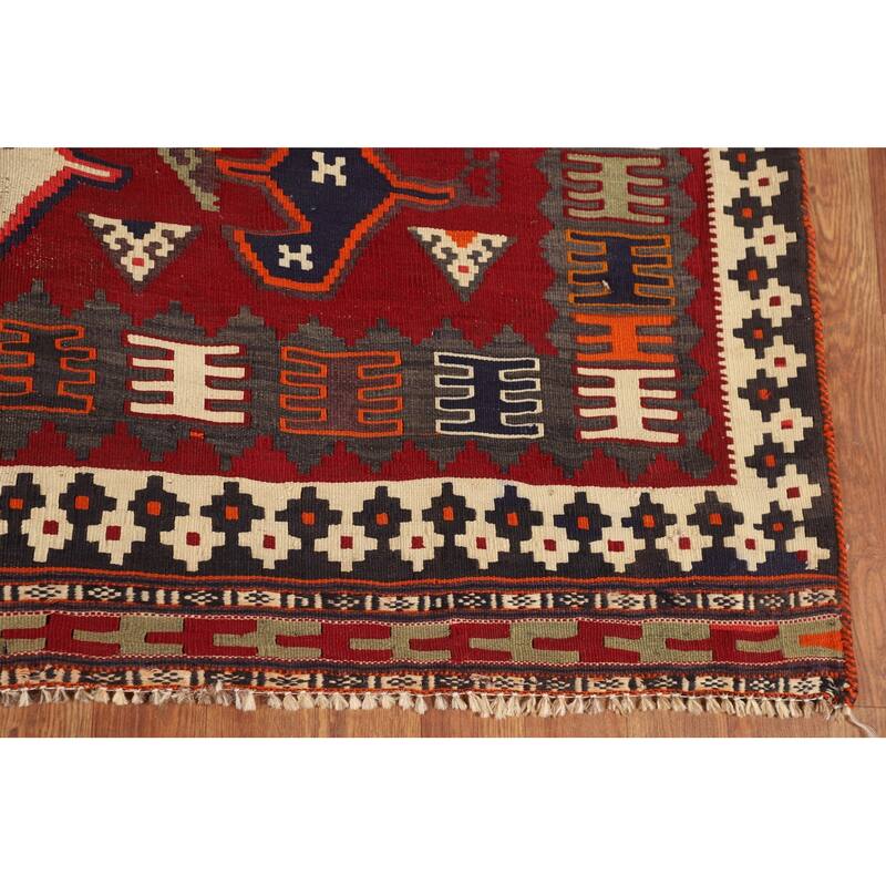 Kilim Qashqai Persian Vintage Area Rug Hand-Woven Red Wool Carpet - 4'8"x 6'7"