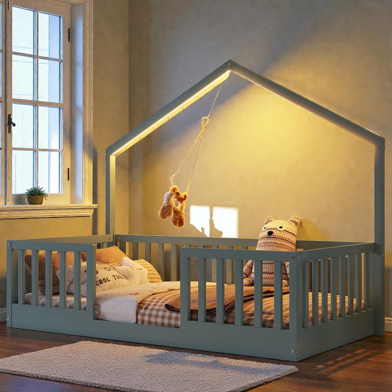Wood Floor Bed with High Guardrails and LED Light, Montessori Style Low Profile Bed for Kids