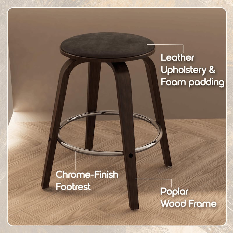 Leather Counter Stool Swivel Round Seat Poplar Wood Frame Iron Foot Rest