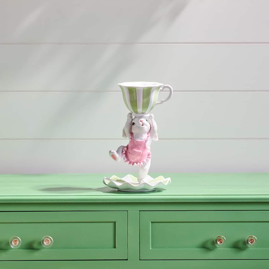 9.5" Resin Bunny With Teacup