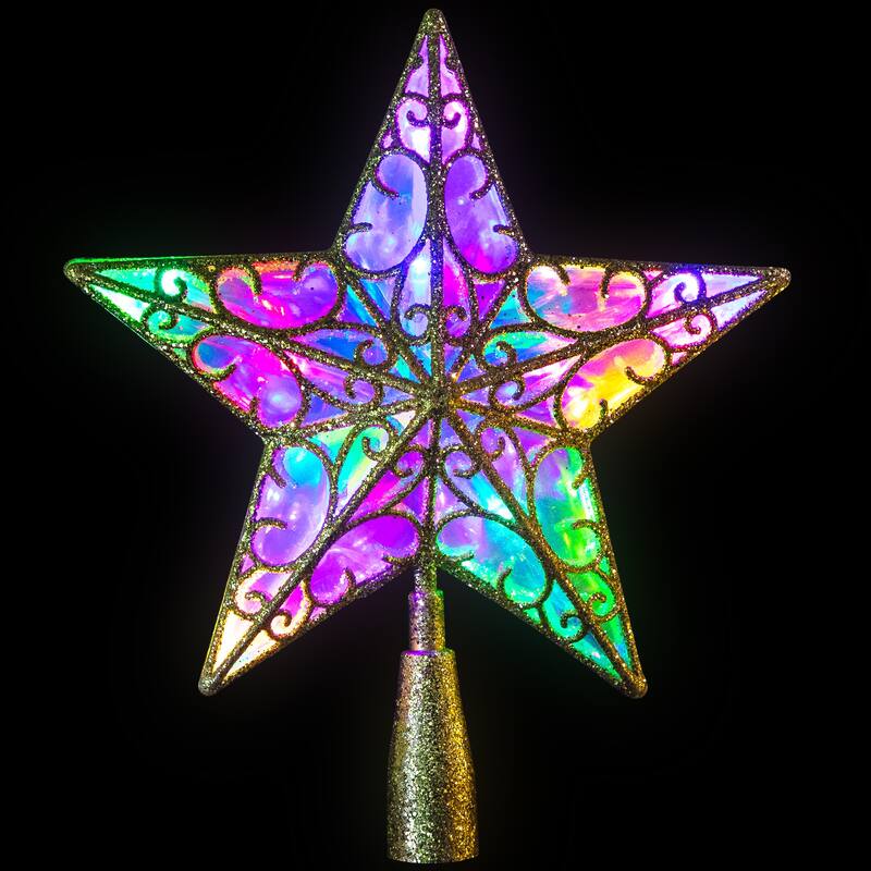 LED Lighted Iridescent Glittered Star Christmas Tree Topper - 11" - Gold - Multicolor Lights