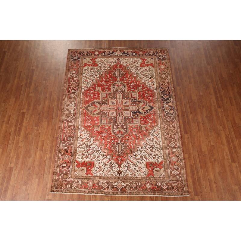 Geometric Red Heriz Persian Vintage Area Rug Handmade Wool Carpet - 6'11"x 9'10"