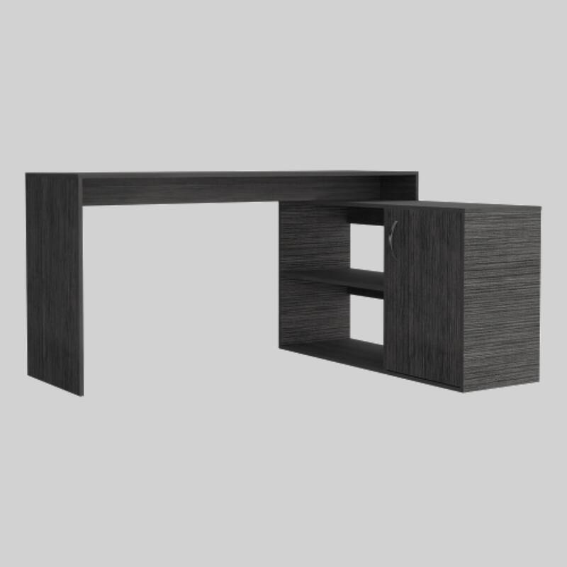 Contemporary L-Shaped Desk with Right Return, 59" Surface, Open Storage, and Cabinet for Home Office Setup - Grey