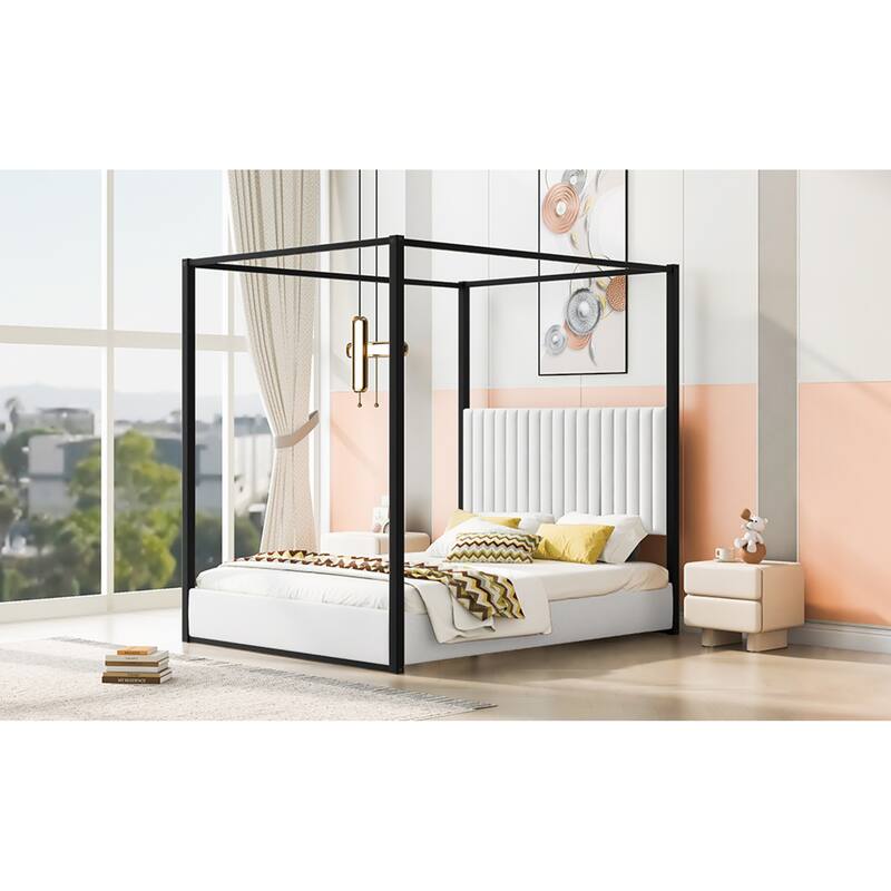Roomfitters Queen Canopy Platform Bed with Velvet Upholstered Headboard, Metal Frame, White
