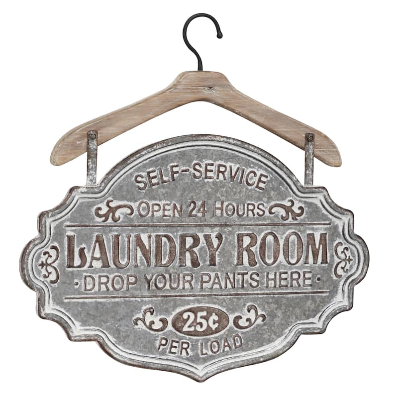 Metal Sign Laundry Room Home Wall Decor with Brown Wood Hanger - Gray - Roche River Decor - Gray