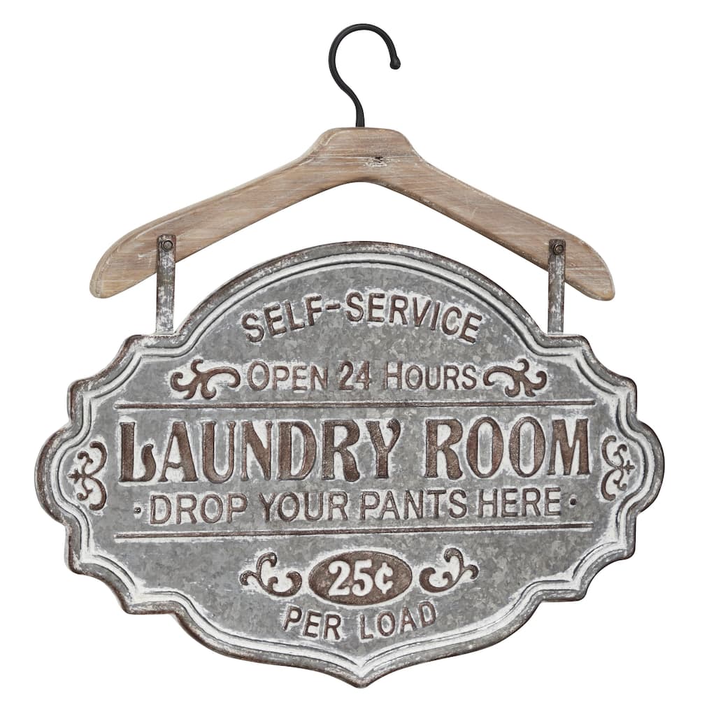 Metal Sign Laundry Room Wall Decor with Brown Wood Hanger - Gray - Roche River Decor