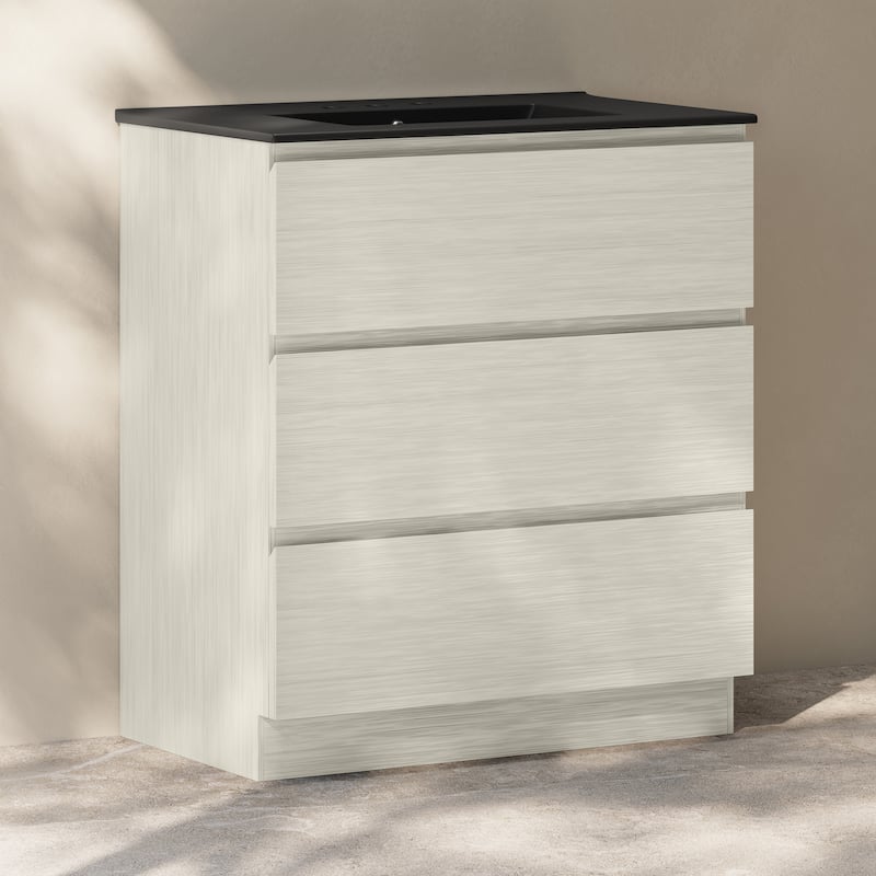 Liberte 30" Freestanding Bathroom Vanity In White Oak With Black 3-Hole Widespread Sink Top - 30