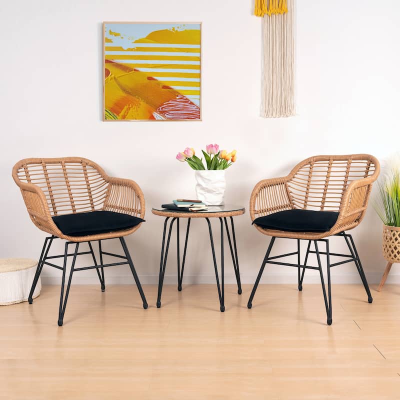 3 Piece Outdoor Wicker Furniture Patio Bistro Set With Cushions for Porch Poolside Garden - 21.2"L x 23.6"W x 31.5"H