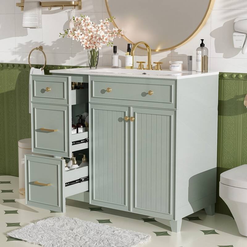 Bathroom Vanity with Ceramic Sink and Adjustable Shelves