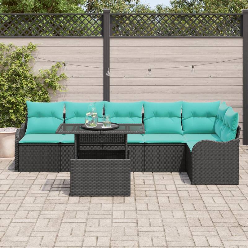 vidaXL 7 Piece Garden Sofa Set with Cushions Black Poly Rattan - 113.2×24.4×27.2