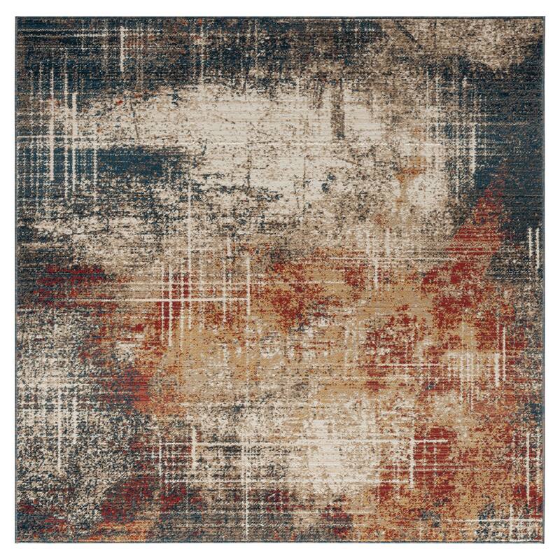 Porch & Den Hollis Distressed Sunset / Denim Abstract Area Rug - 6' Square - Blue/Brown