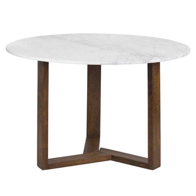 Fina Table, Round White Genuine Marble Top, Natural Brown Mango Wood 3 Leg Sled Base