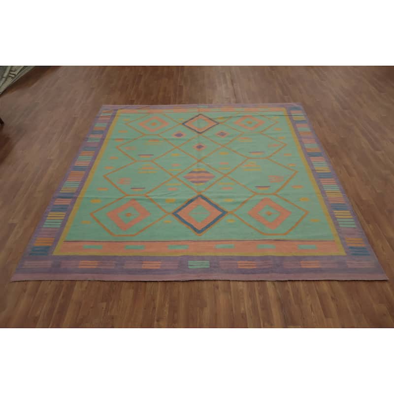 Hand Woven Oriental 100% Wool Carpet Southwestern Tribal Green Kilim Area Rug - 9' 8'' X 8' 9''