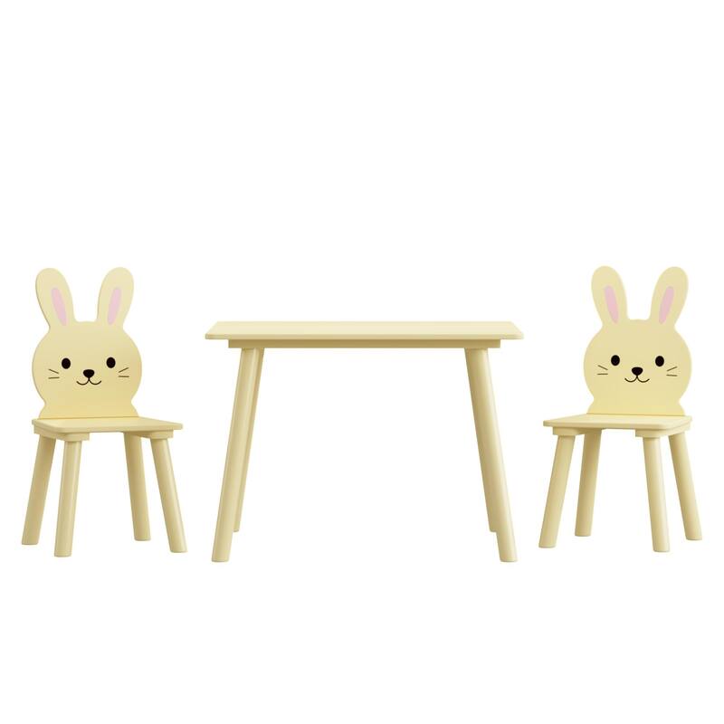 Kids Table and Chair Set with 2 Bunny Chairs, Children's Wooden Activity Table for Toddlers, Cute Animal Design Set
