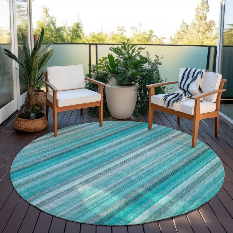 Machine Washable Indoor/ Outdoor Striped Chantille Rug - Teal - 8' x 8'
