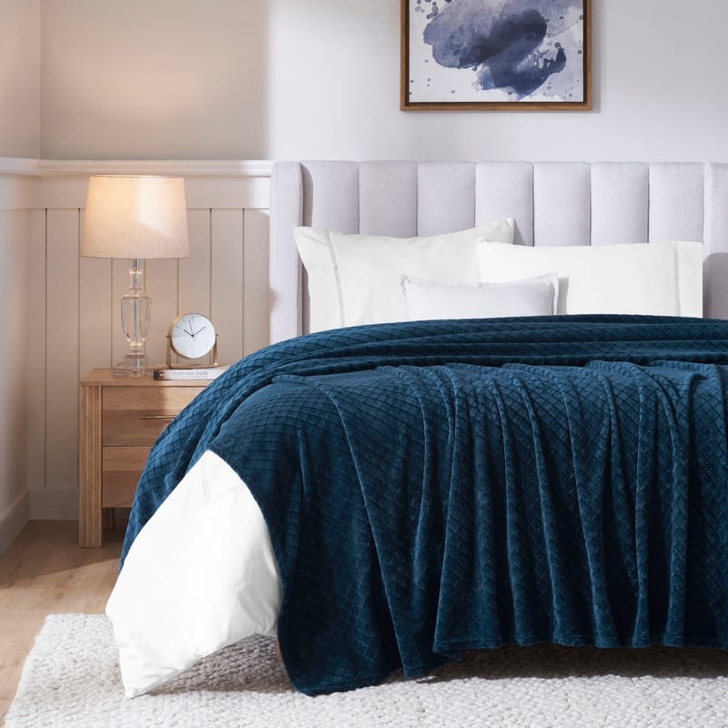 Superior Alaska Quilted Diamond Plush Fleece Blanket For Couch or Bed - King - Navy Blue