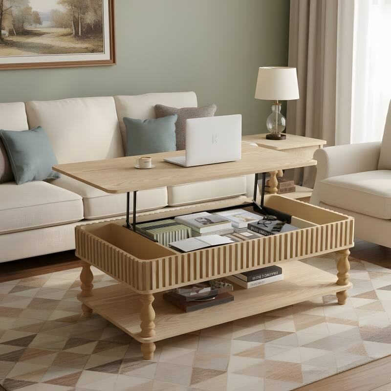 Rustic Style Lift-Top Coffee Table with Hidden & Open Storage - 47.3 - Natural Wood