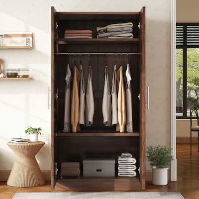 2-Door Wooden Wardrobe Armoire with 3 Storage Shelves, Brown