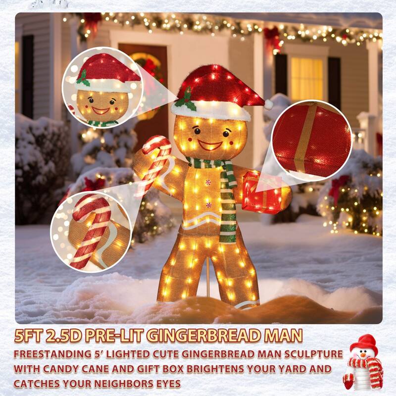 VEIKOUS 5 ft. Gingerbread Man Stake Christmas Holiday Decoration with Warm White LED