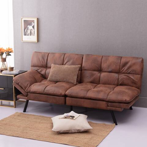 Convertible Memory Foam Brown Futon Couch Bed Vintage Folding Sleeper Sofa