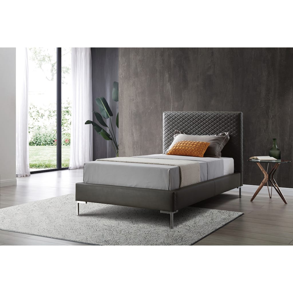 Twin Bed Frame Upholstered Dark Gray Faux Leather Chrome Legs Modern Bedroom Furniture