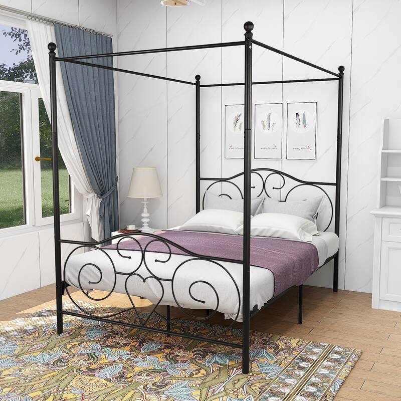 Canopy Metal Bed Frame with Vintage Style Headboard & Footboard ，Easy DIY Assembly All Parts Included