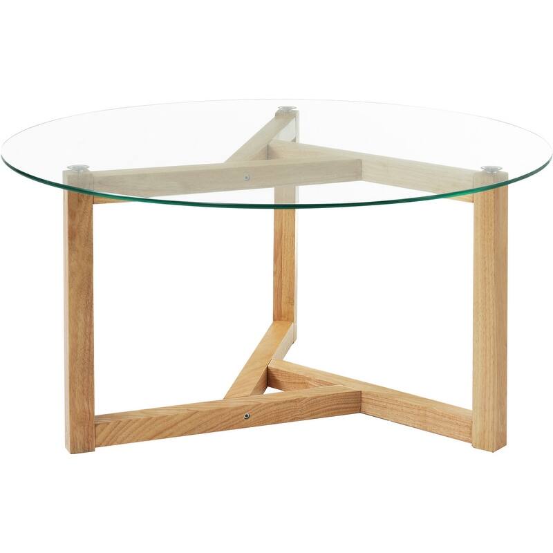 Modern Round Glass Coffee Table with Wood Tripod Base - Easy Assembly
