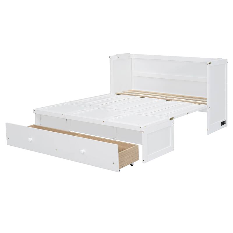 Queen Size Murphy Bed Cabinet with USB Charging Ports and Storage Drawer, Foldable Space-Saving Design with Pine Wood Frame