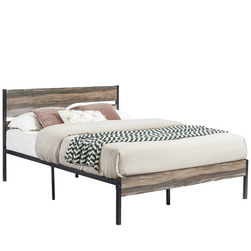 VECELO Beds Industrial Platform Bed Frame with Wood Headboard,Easy Set up