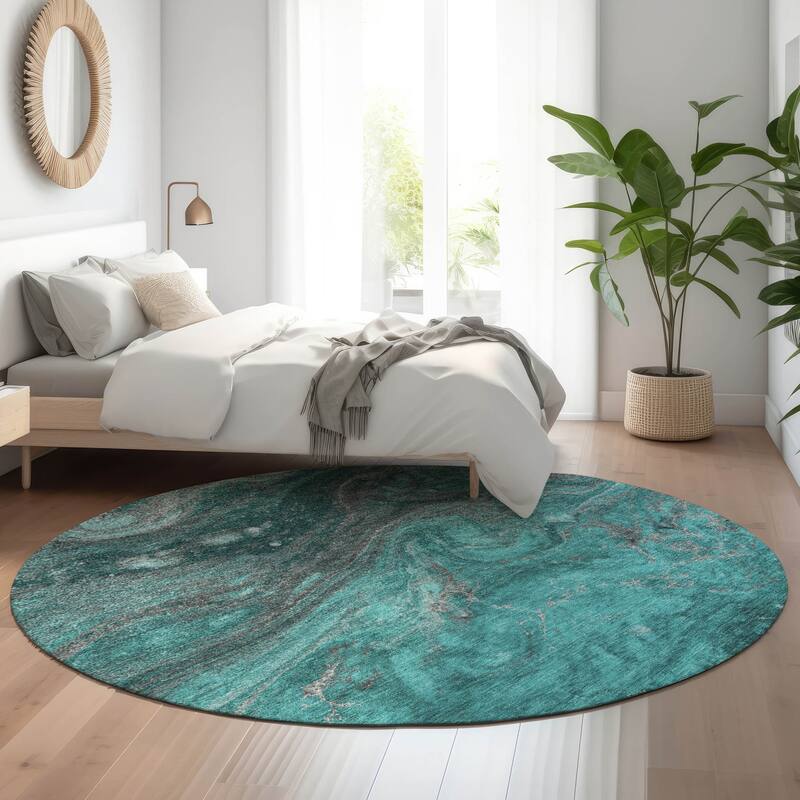 Premium Washable Super Soft Abstract Cosmic Mayfield Rug - Teal - 8' x 8' - Round