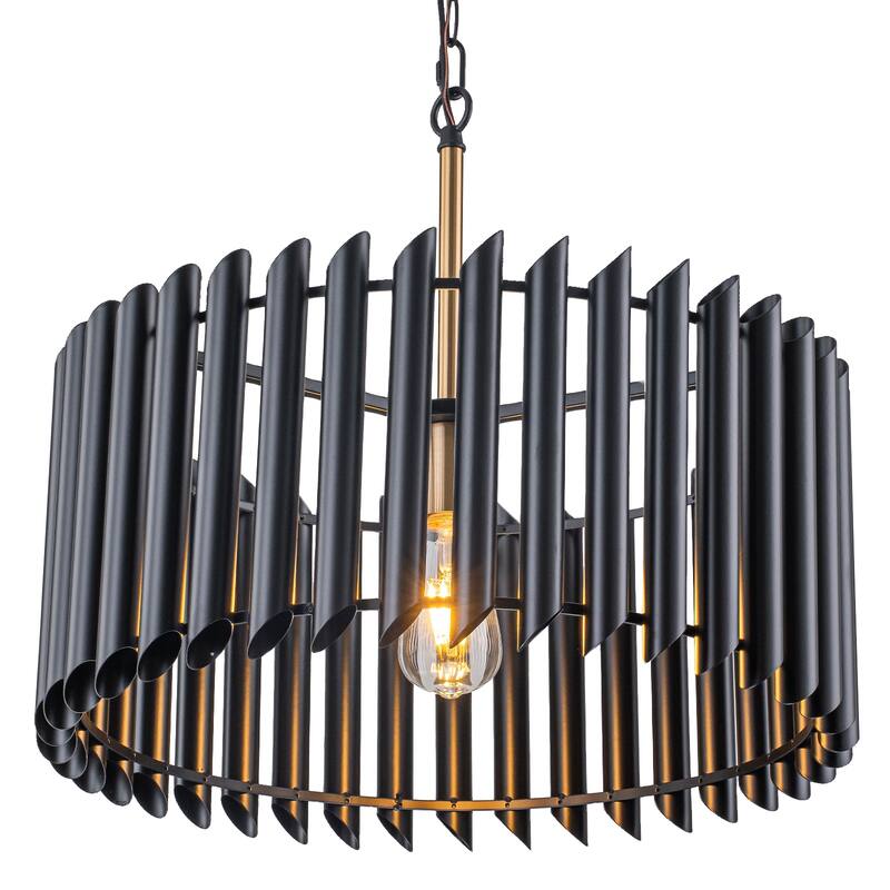 Modern Industrial Black Slatted Drum Pendant Light Fixture - Dia.19.69-in