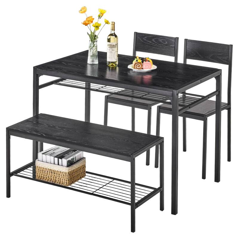 VECELO 43.3" Dining Table Set with Bench, Kitchen Table for 4, Modern Metal Frame Dining Furniture Set for Small Space